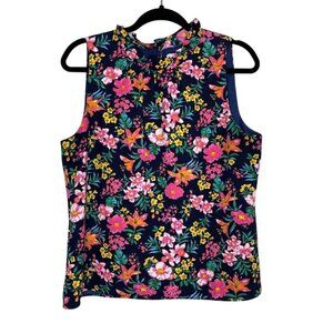 J Crew Factory Navy Blue Multi Color Bright Floral Ruffle Neck Top Blouse Size M